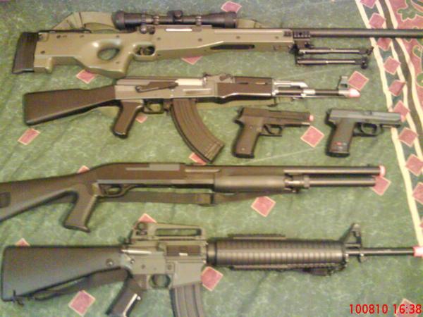 UTG L96, AFTERMATH AK-47, SIG 226, HK USP, DE M500, JG M-16A4